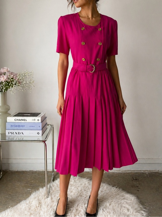 Liz Claiborne Dresses & Skirts - Vintage 90s Pink Pleated Dress Shoulder Pads Gold Buttons Belted Midi